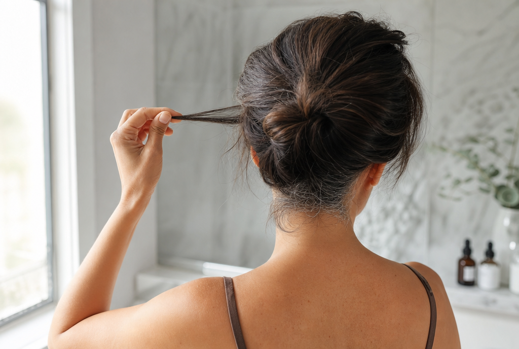 Femme vue de dos comparant une mèche de cheveux bruns avec quelques cheveux blancs à la lumière du jour